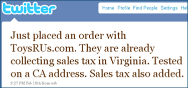 ToysRUs collecting sales tax from online orders