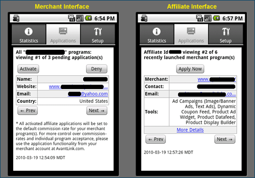 AvantLink Mobile merchant and affiliate interfaces