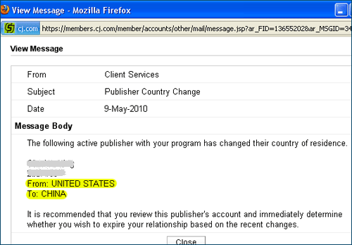 Affiliate country change from USA to China