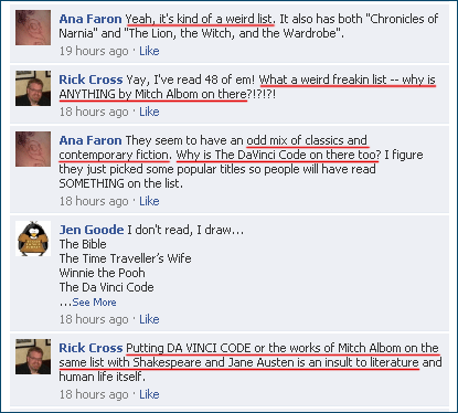 Facebook comments to BBC book meme