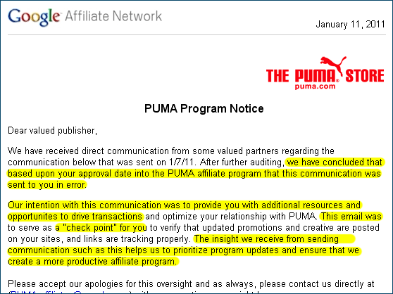 Puma Affiliate Manager s Follow Up Email Does Not Help Affiliate