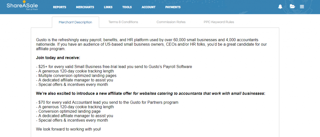 Gusto pay-per-lead affiliate payment