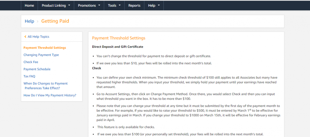 Amazon affiliate payment thresholds