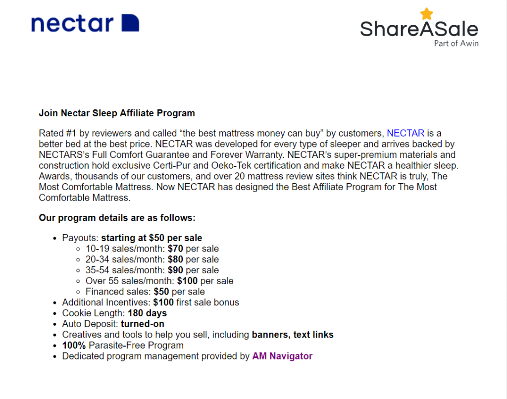 Nectar Sleep affiliate incentives