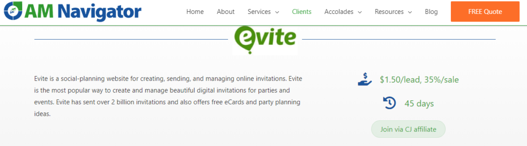 Evite affiliate program description