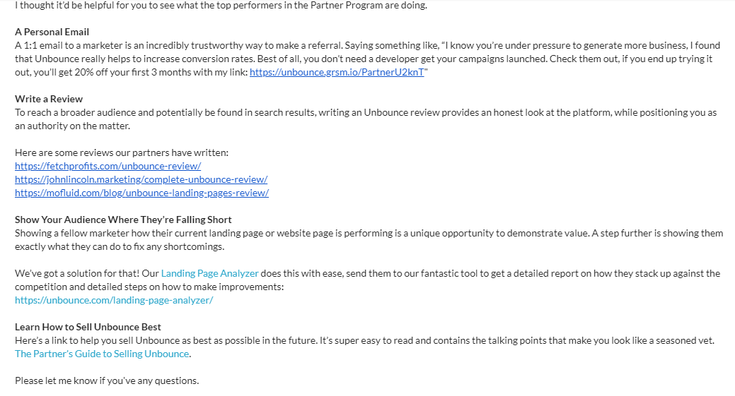 Unbounce affiliate motivation email