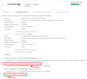 Lacostte affiliate PPC rules